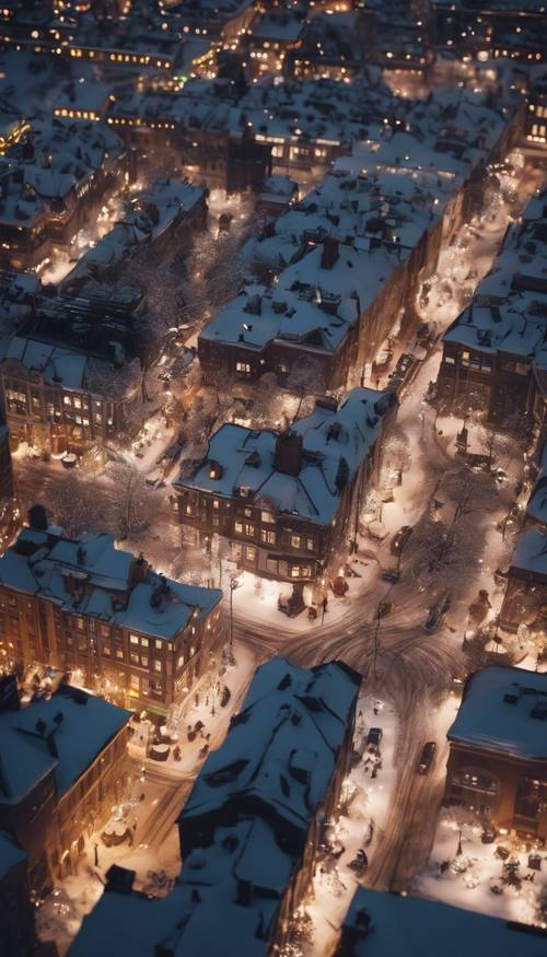 A birds-eye view of a snowy Western city beautifully decked out in Christmas lights.