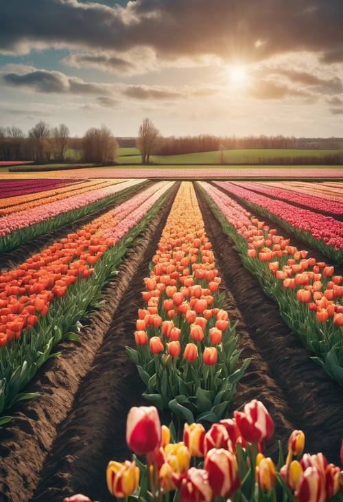 Banyak ladang tulip menciptakan permadani yang semarak di bawah langit sore yang cerah di pedesaan Belanda.