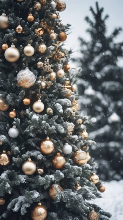 شجرة عيد الميلاد كبيرة في غابة ثلجية، مزينة بزخارف خشبية مصنوعة يدوياً.