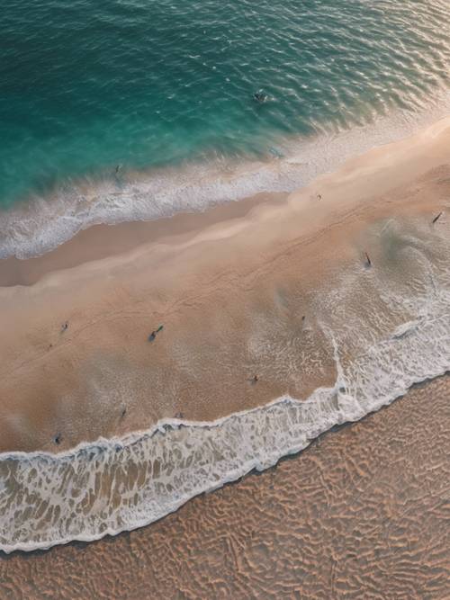 An aerial view of a cool teal sea meeting a sandy beach during dawn.