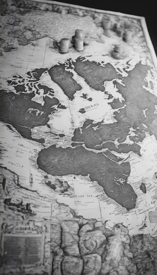 一张黑白色的古董世界地图。