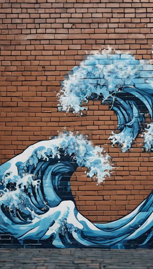 Замысловатые узоры синего граффити с рисунком морской волны на кирпичной стене.