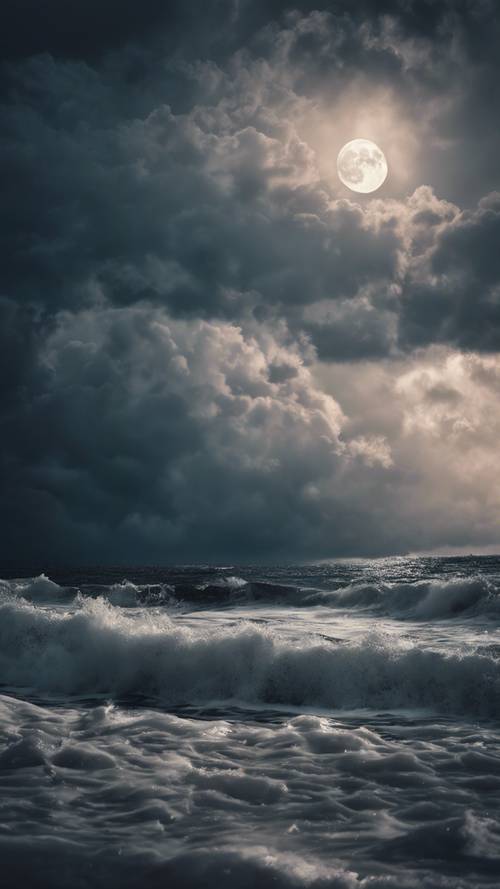 A dark storm brewing over the lively ocean with ominous waves under the pale moonlight.