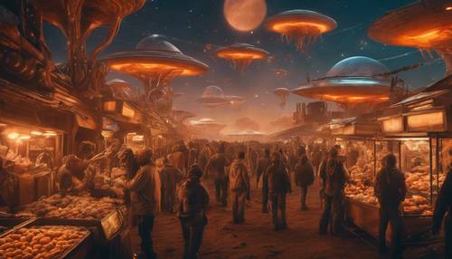 A lively scene of an alien marketplace bustling with creatures of all shapes and sizes under an orange, gas-giant sky.