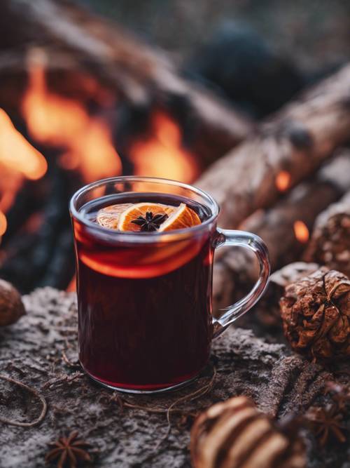 Uma caneca de vinho quente e temperado em frente a uma fogueira em uma noite fria de outono.