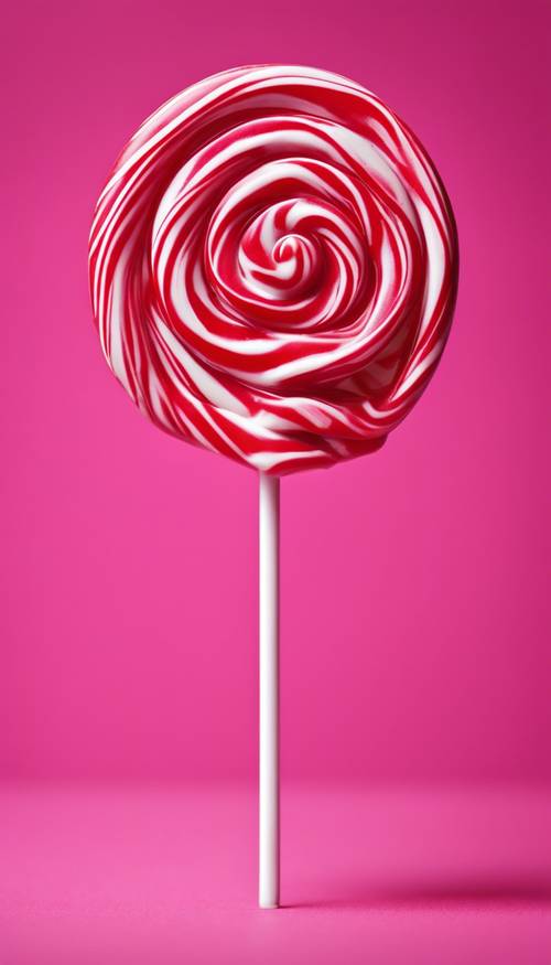 A single perfectly round red and white lollipop, glossy and untouched, with a white stick, set against a fuchsia background.”