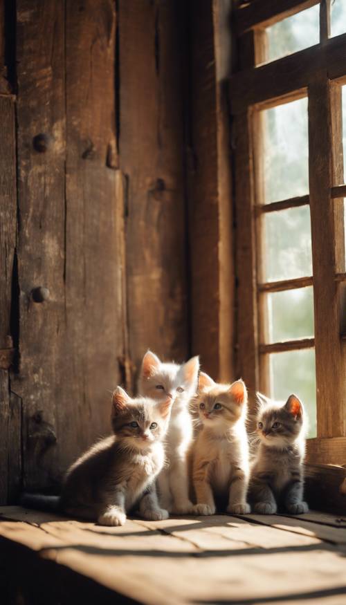 Cinq chatons se prélassent paresseusement sous le chaud soleil qui passe par la fenêtre d&#39;un vieux chalet en bois. Fond d&#39;écran [2ba8f53f71cf405794e6]