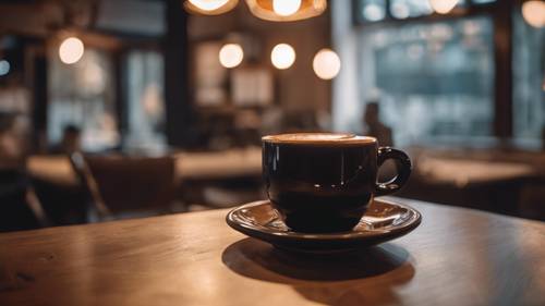 Ein köstlicher schwarzer Kaffee, in einer großen braunen Tasse in gemütlicher Kaffeehausatmosphäre.