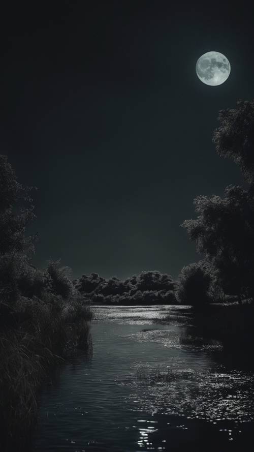 Một khung cảnh đầy tâm trạng bên một đầm nước tối tăm, tĩnh lặng dưới ánh trăng tròn, tạo ra những bóng tối ảm đạm.