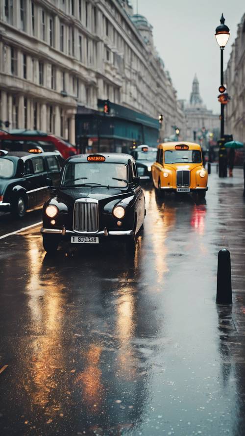 Künstlerische Darstellung eines regnerischen Tages in London mit schwarzen Taxis und Fußgängern unter bunten Regenschirmen.