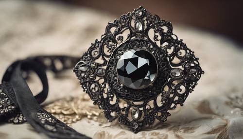 Um antigo broche de diamante negro preso a uma gola de renda vitoriana.