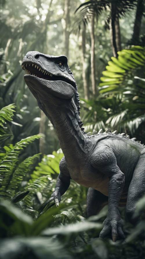 A gray dinosaur exploring the lush flora of an ancient jungle.