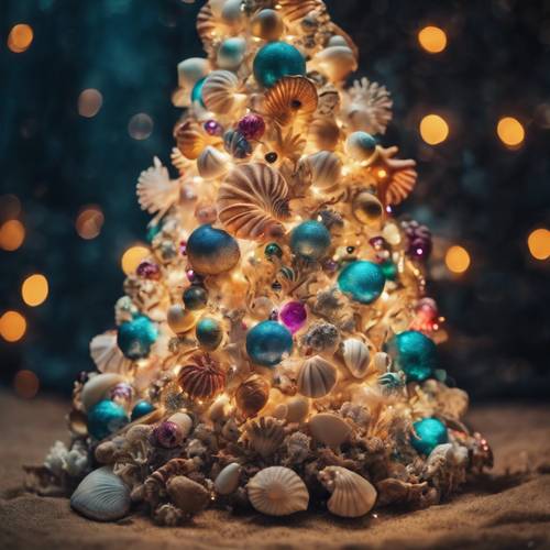 Uma árvore de Natal subaquática enfeitada com enfeites de conchas e luzes mágicas, cercada por vida marinha colorida.