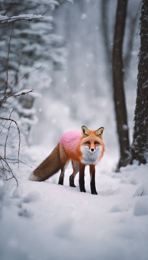 Un astuto zorro rosado que se desliza por los bosques nevados al anochecer.