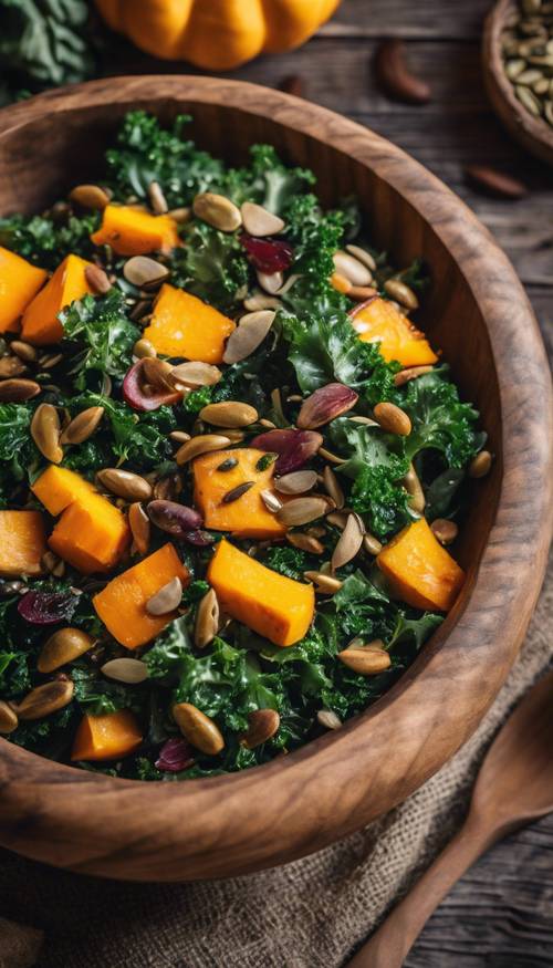 A rustic salad with chopped kale, roasted squash and pumpkin seeds served in an old wooden bowl.