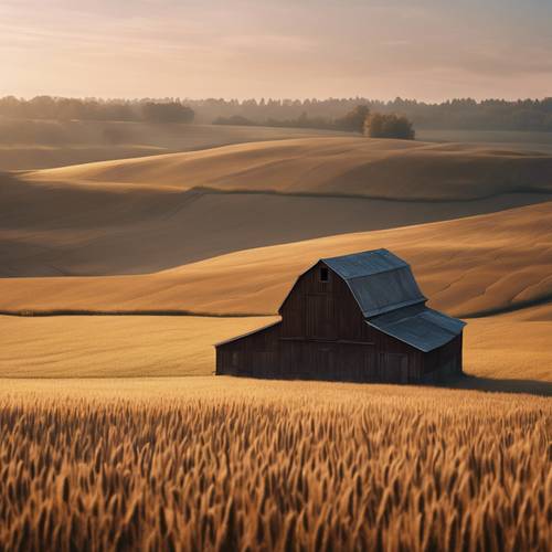 Một nhà kho bằng gỗ mộc mạc màu nâu sẫm được bao quanh bởi những cánh đồng lúa mì vàng óng lúc bình minh.