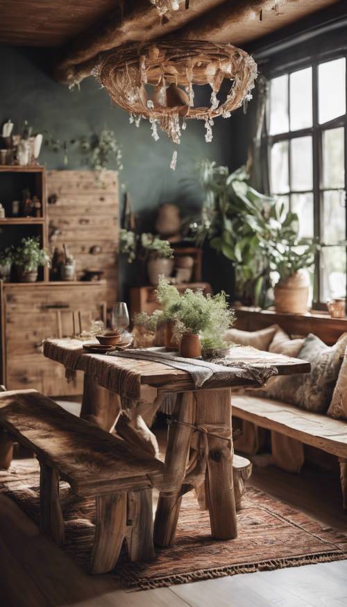 Comedor acogedor de inspiración bohemia con muebles de madera rústica