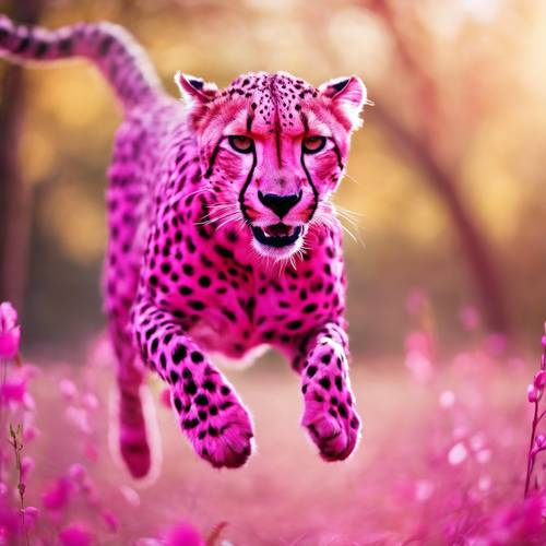 A hot pink cheetah in mid-air, leaping towards its prey with an intense gaze and perfectly stretched claws. Tapeet [9e439455574746209da0]