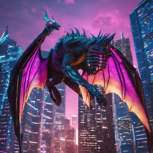Um dragão cibernético com tema Y2K voando sob arranha-céus iluminados por neon em uma paisagem urbana digital.