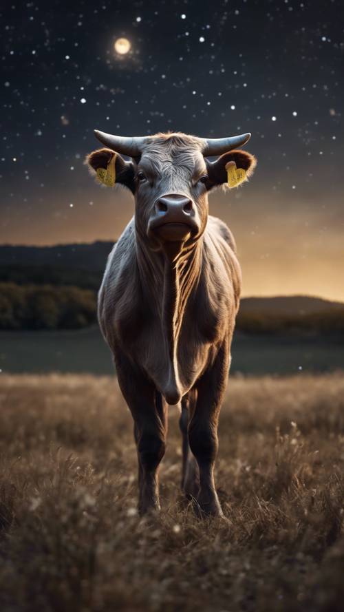 一头小金牛座公牛，在月光照射的田野中嬉戏探索，而真正的金牛座则在夜空中闪闪发光。
