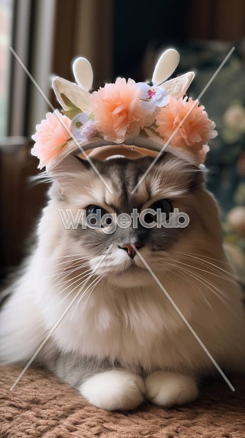 Kucing Berbulu Mengenakan Mahkota Bunga