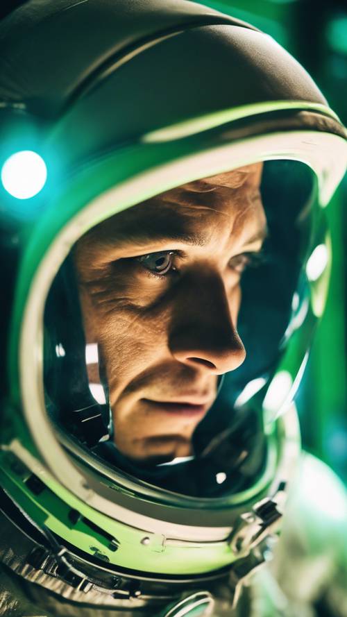 Potret jarak dekat seorang astronot di dalam pesawat ruang angkasa, diterangi cahaya hijau dan biru dari panel kontrol.