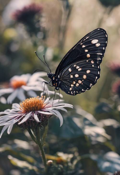 Một con bướm đen với những hoa văn phức tạp trên đôi cánh, đậu trên một bông hoa đang nở rộ.