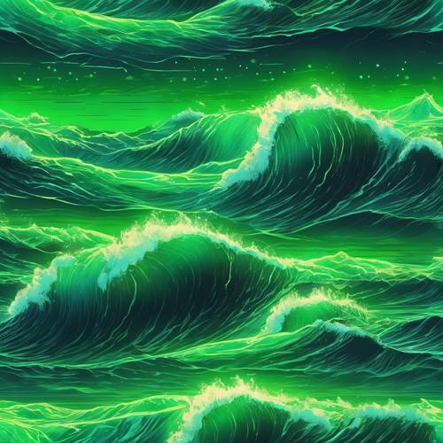 Crêtes vertes fluo des vagues de l&#39;océan au clair de lune.