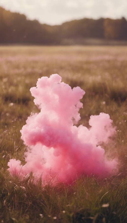 A landscape scene with a pink smoke bomb exploding in a grassy field.