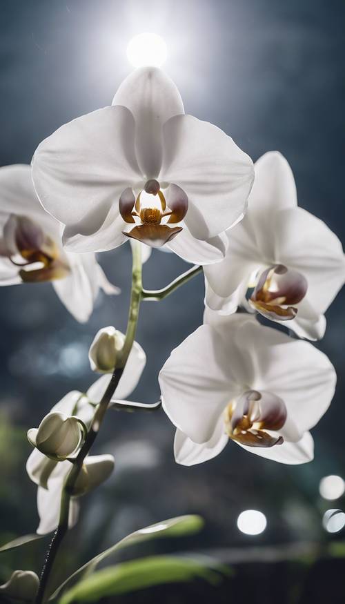 Yumuşak ay ışığı altında çiçek açan beyaz bir orkide.
