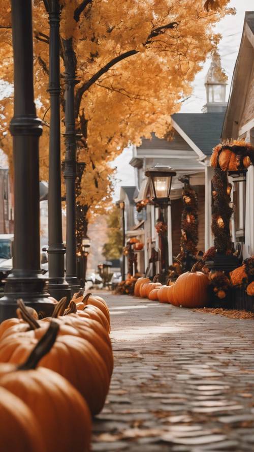 A small town street decorated in fall aesthetic with pumpkins, hay bales, and lanterns.
