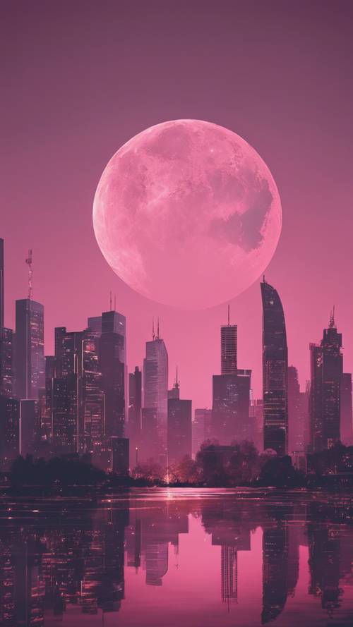 ピンク色の月に映る高層ビル群の街並み