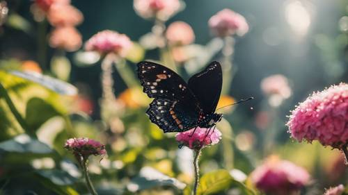 פרפר שחור נוצץ יושב על פרח צבעוני, בגן שופע, מנצנץ תחת אור השמש.