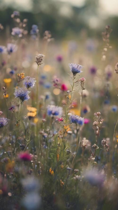 Uma imagem de foco suave de um prado repleto de flores silvestres, transmitindo uma sensação moderna e abstrata.