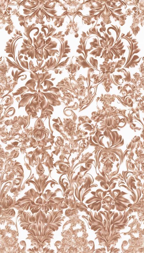 Um padrão perfeito de intrincados designs de damasco de ouro rosa em um fundo branco imaculado.