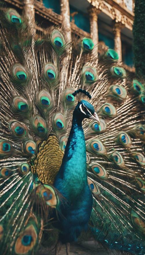Primer plano de un pavo real con plumas verde azulado deambulando en el patio de un gran palacio.