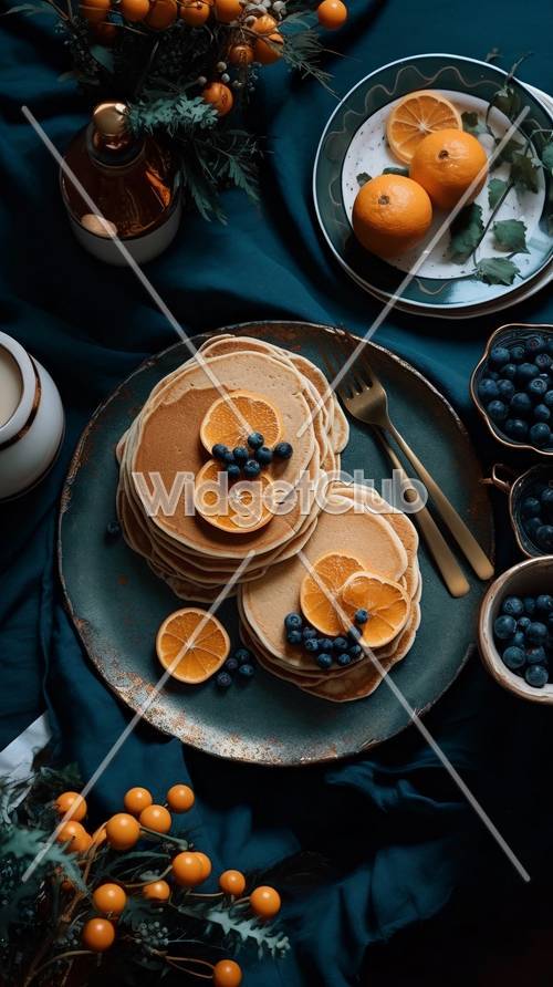 Delicious Pancakes with Fruits Background Tapet [867615e685da46ee94ce]