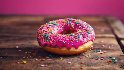 A luscious hot pink doughnut covered in sprinkles, sitting atop a rustic wooden table.