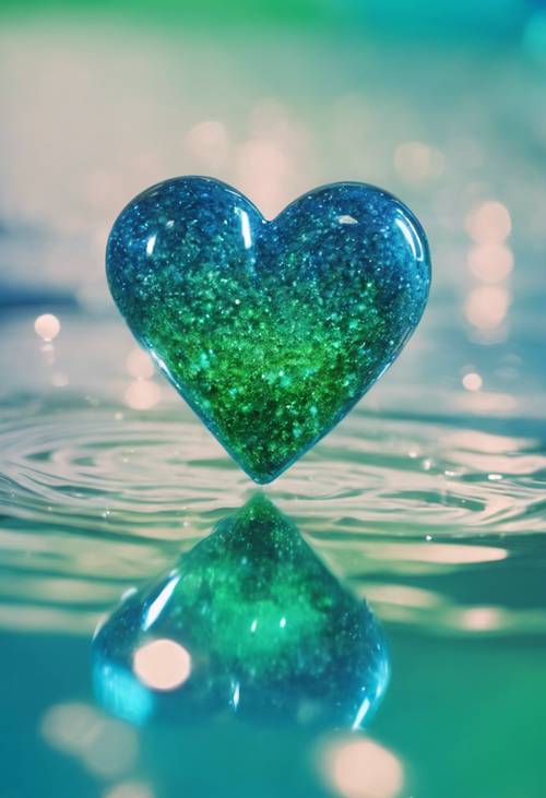 Lovely blue and green glitter forming a heart, floating in a crystal clear pool.