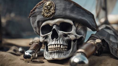 Rekwizyt filmowy przedstawiający szarą czaszkę zawieszoną na pirackiej fladze podczas morskiej przygody.