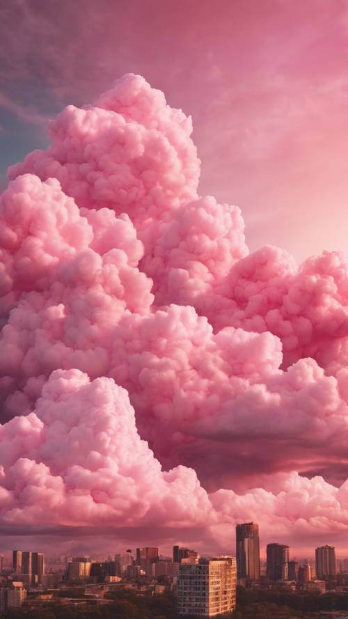 Collage de nuages ​​de barbe à papa rose reflétant le coucher du soleil.