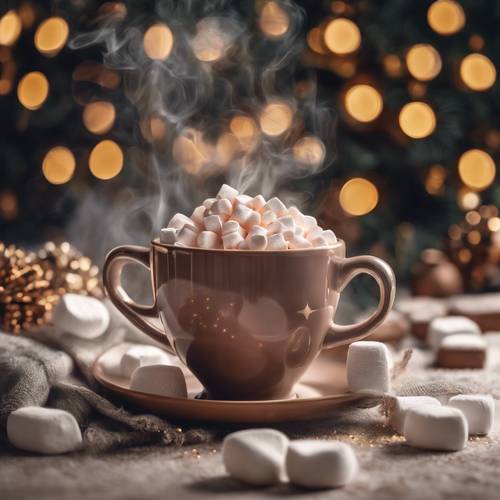 Uma xícara fumegante de chocolate quente com marshmallows &#39;2022&#39; flutuando em uma manhã fria de Ano Novo.