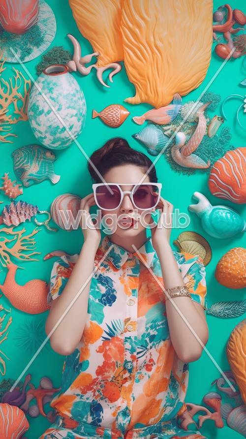 Tema colorido do oceano com uma senhora elegante em óculos de sol
