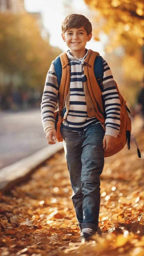 Um garoto de escola legal com um sorriso travesso, carregando uma mochila cheia de livros em um cenário de folhas de outono e um caminho iluminado pelo sol.