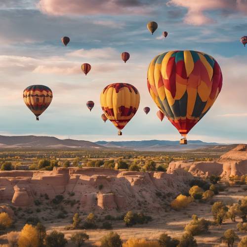 Una vista impresionante de una fila de globos aerostáticos sonrientes de colores vibrantes volando alto sobre el pintoresco paisaje de Santa Fe al amanecer.