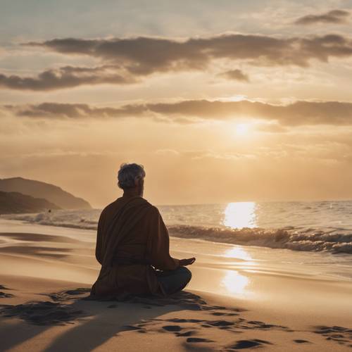 A picturesque beach during the golden hour, with a person meditating peacefully on the sands.