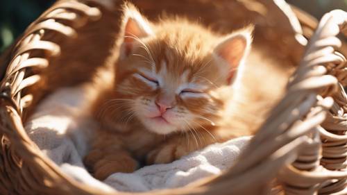 Mimpi anak kucing jahe yang menggemaskan tertidur lelap di keranjang anyaman yang nyaman di bawah sinar matahari yang hangat.