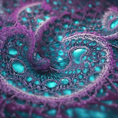 An abstract digital rendering of algorithmic fractal patterns in cyan and purple. Tapeta [9dd377c4e4e046bc93a9]