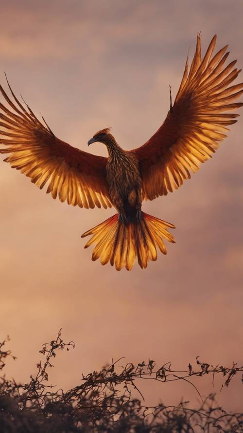 The first flight of a juvenile phoenix, its plumage rusty red and golden against a dusky sky.