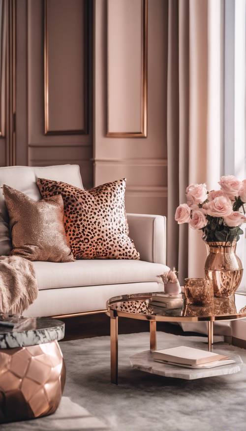 Modern living room interior accentuated with rose gold cheetah print cushions Wallpaper [f0fd375d55f04e52b0c0]